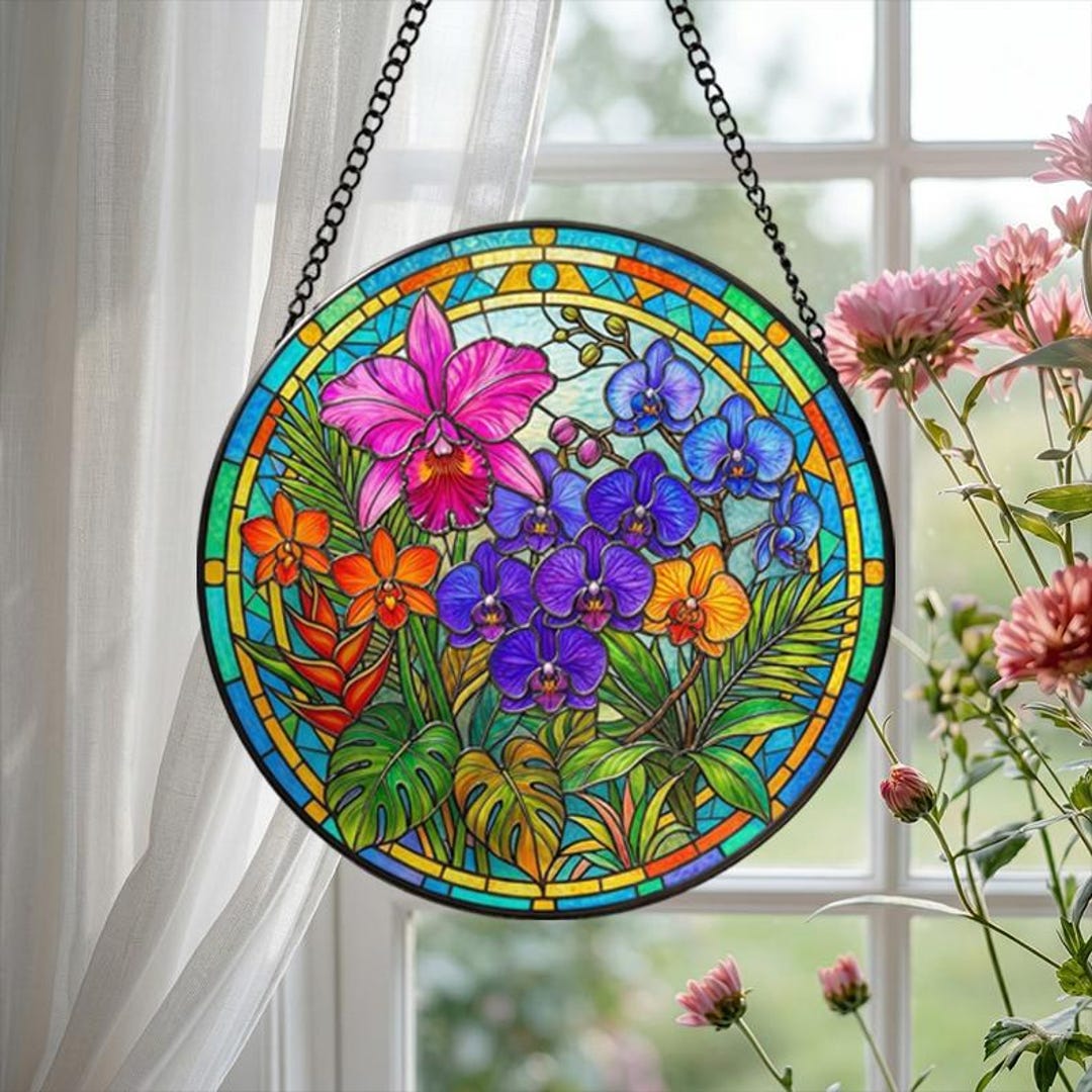 Tropical Orchid Stained Glass Suncatcher: Orchid & Bird of Paradise ...