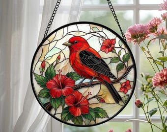 Acchiappasole in vetro colorato con tangara scarlatta: decorazione per finestre con fiore di ibisco tropicale, vivace uccello decorativo da appendere