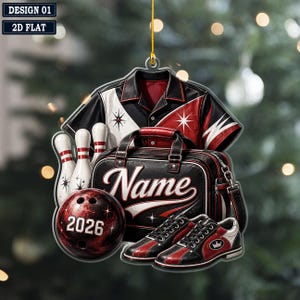 May include: A decorative hanging ornament featuring a bowling theme with a black and red shirt, a bowling bag with the text Name, a red and black bowling ball with the text 2026, three white bowling pins, and a pair of black and red bowling shoes.