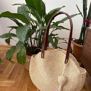 Summer Leather Strap Tote Bag, Straw Beach Shoulder Bag, Crochet Raffia Tote Bag