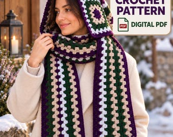 Granny Square Hooded Scarf Crochet Pattern, Colorful Motif Design (PDF Download)