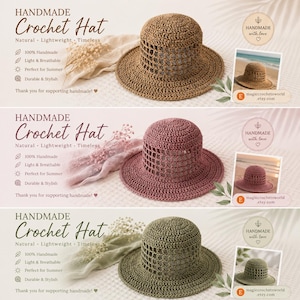 May include: Three handmade crochet hats in tan, dusty rose, and olive green. Each hat features a solid rounded crown, a wide brim, and a decorative open-weave pattern around the mid-section. The hats are displayed with text and small floral accents.