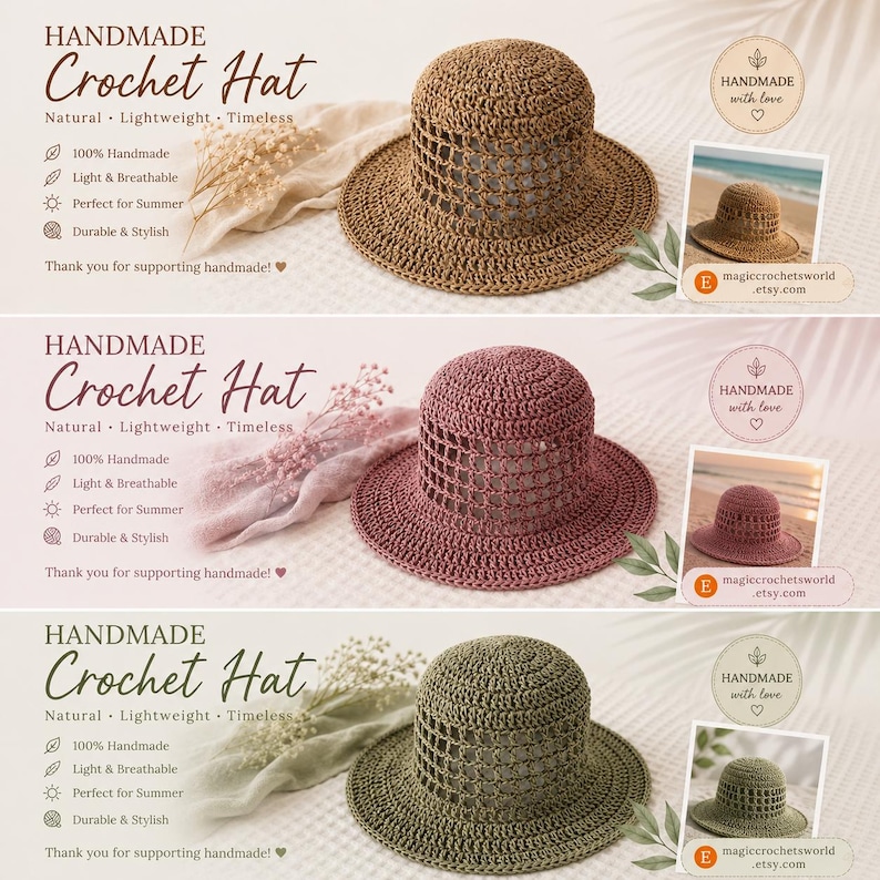 May include: Three handmade crochet hats in tan, dusty rose, and olive green. Each hat features a solid rounded crown, a wide brim, and a decorative open-weave pattern around the mid-section. The hats are displayed with text and small floral accents.