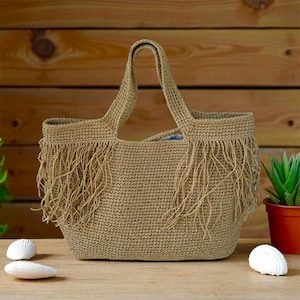 Handgemachte Raffia häkeln Tote Bag: Boho Fransen Strandtasche