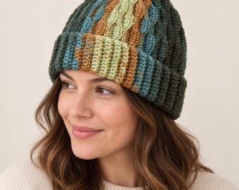 Handmade Crochet Beanie, Colorful Striped Ribbed Winter Hat