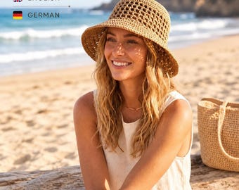 Crochet Summer Hat Pattern PDF, Häkelanleitung Sonnenhut, Beginner Paper Yarn Bucket Hat, Mesh Raffia Hat Pattern