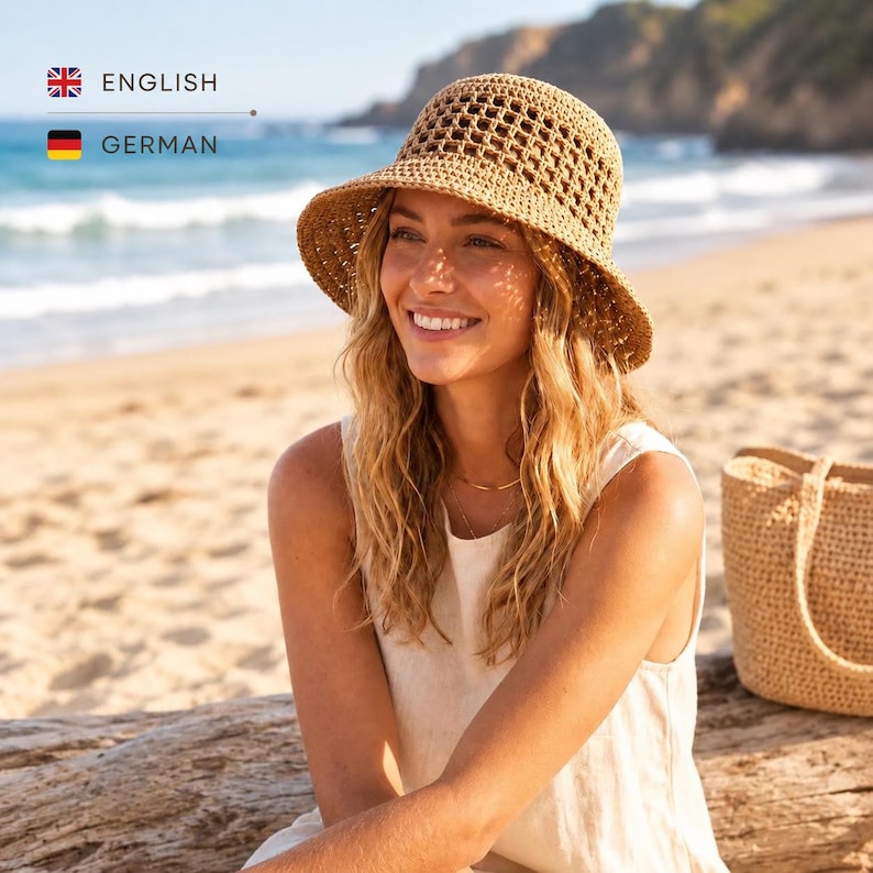Crochet Summer Hat Pattern PDF, Häkelanleitung Sonnenhut, Beginner Paper Yarn Bucket Hat, Mesh Raffia Hat Pattern image 1