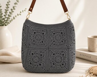 Charcoal Gray Cotton Crochet Shoulder Bag, Granny Square Bag