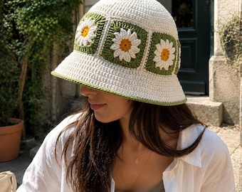 Crochet Daisy Granny Square Bucket Hat Pattern | Summer Bucket Hat PDF | Beginner Friendly Crochet Pattern | Kids & Adult Bucket Hat