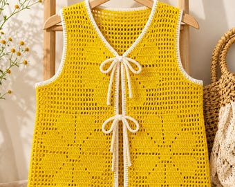 Yellow Floral Crochet Vest, Handmade Openwork Tie Front Women’s Vest