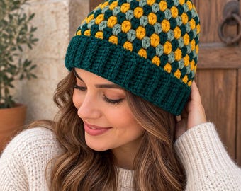 Houndstooth Knit Beanie, Unisex Striped Winter Hat