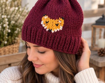 Custom Fox Beanie, Handmade Ribbed Knit Winter Hat