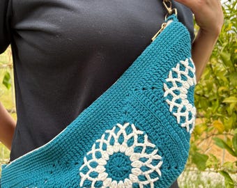 Teal Floral Granny Square Crochet Sling Bag, Boho Crossbody Purse