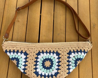 Handmade Daisy Crochet Sling Bag, Boho Granny Square Cotton Crossbody Purse