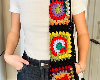 Colorful Granny Square Scarf with Vintage Charm - Winter Afghan Style Wrap