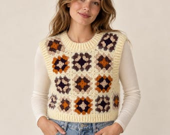 Ecru Crochet Sweater, Granny Square Sleeveless Sweater, Handmade Retro Knitwear