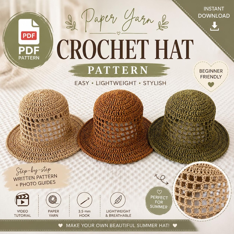 May include: A digital PDF crochet pattern for a paper yarn hat, featuring three finished hats in beige, brown, and olive green. The text reads Paper Yarn Crochet Hat Pattern, Beginner Friendly, Step-by-step Written Pattern, and Photo Guides.