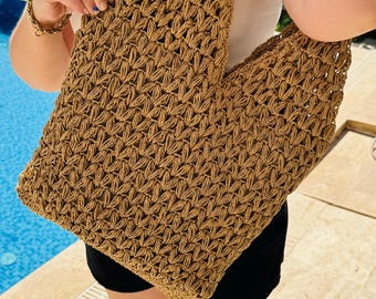 Große gefütterte häkeln Raffia Hobo Tasche, Sommer Schultertasche