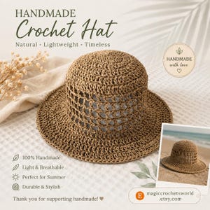 Crochet Summer Hat Pattern PDF, Häkelanleitung Sonnenhut, Beginner Paper Yarn Bucket Hat, Mesh Raffia Hat Pattern image 4