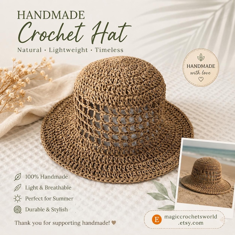 Crochet Summer Hat Pattern PDF, Häkelanleitung Sonnenhut, Beginner Paper Yarn Bucket Hat, Mesh Raffia Hat Pattern image 4