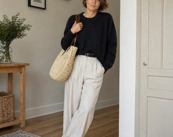 Handmade Raffia Straw Tote Bag with Brown Faux Leather Handles - Summer Beach Bag for Women - Large Boho Shoulder Bag for Vacation Style