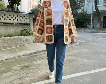 Crochet Cardigan, Granny Square Patchwork in Cotton and Acrylic Yarn, EU 38–40