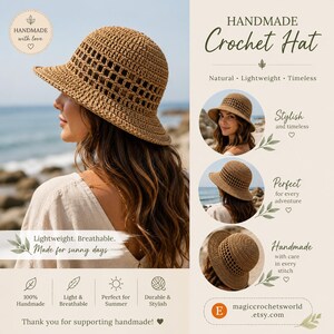 May include: A tan crochet hat with a wide brim and an open-weave pattern around the crown. The hat is displayed in multiple views, showing the texture of the yarn and the structure of the brim. Text on the image includes Handmade Crochet Hat.