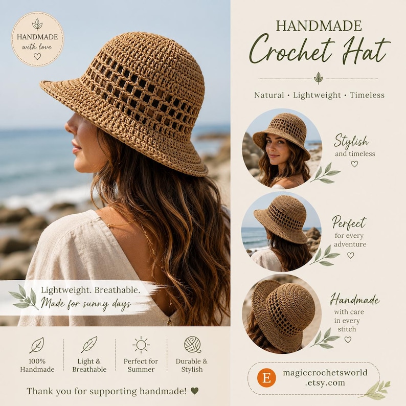 May include: A tan crochet hat with a wide brim and an open-weave pattern around the crown. The hat is displayed in multiple views, showing the texture of the yarn and the structure of the brim. Text on the image includes Handmade Crochet Hat.