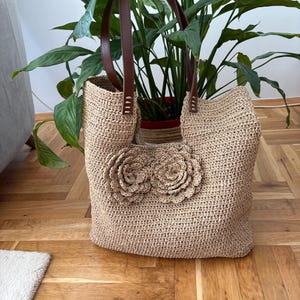 Crochet Jute Beach Bag: Rose Accents, Boho Shoulder Bag