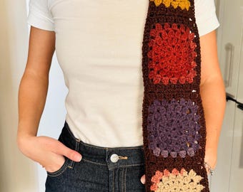Handmade Crochet Granny Square Scarf, 70s Retro Style