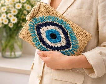 Evil Eye Crochet Wristlet, Paper Yarn Clutch Bag