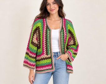 Colorful Granny Square Crochet Cardigan, Striped Handmade Sweater