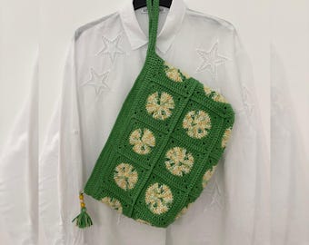 Handmade Green Crocheted Clutch Bag with Floral Square Motifs