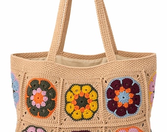 Handmade Crochet Granny Square Tote Bag, Boho Floral Knit Shoulder Bag