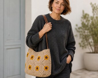Crochet Sunflower Bag, Handmade Boho Granny Square Shoulder Purse, Cottagecore Summer Tote