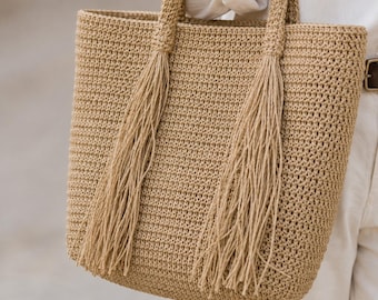 Handmade Raffia Fringe Tote Bag, Boho Crochet Straw Shoulder Bag, Summer Beach Purse
