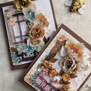 Handmade Floral Greeting Cards with 3D Flowers and Bee, Romantic Scrapbook Card, You’re My World, My Heart Is Yours, Gift for Her, Keepsake