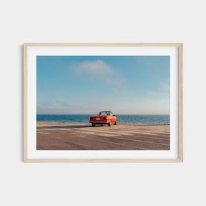 Malibu Beach Retro Print: Vintage Red BMW Coastal Art