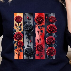 Koszulka Romantasy Book Lover PNG, gotyckie czerwone i czarne róże z pociągnięciami pędzla, plik Fantasy Sublimation, koszulka Dark Academia Clipart