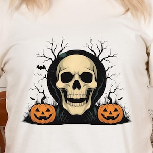 Skull Pumpkin Halloween PNG: Retro Spooky Season Design (Digital Download
