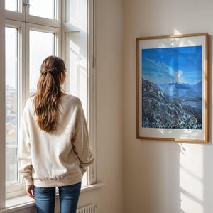 Alpine mountain landscape with sunbeams, oil painting by M. Wolf, Mountain Landscape Oil Painting, Winter nature scene, wall decoration, unframed