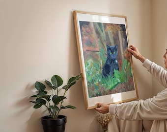 Black cat in the forest, oil painting by M. Wolf, fine art print, magical nature image, autumnal forest landscape, unframed
