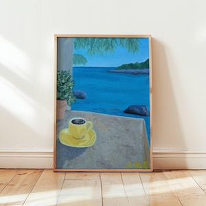 Caffè al mare, dipinto a olio di M. Wolf, stampa artistica