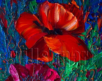 Poppy Red Poppies Floral Original Painting Textured Palette Knife Oil on Canvas Contemporary Modern Art 12X16 by Willson Lau