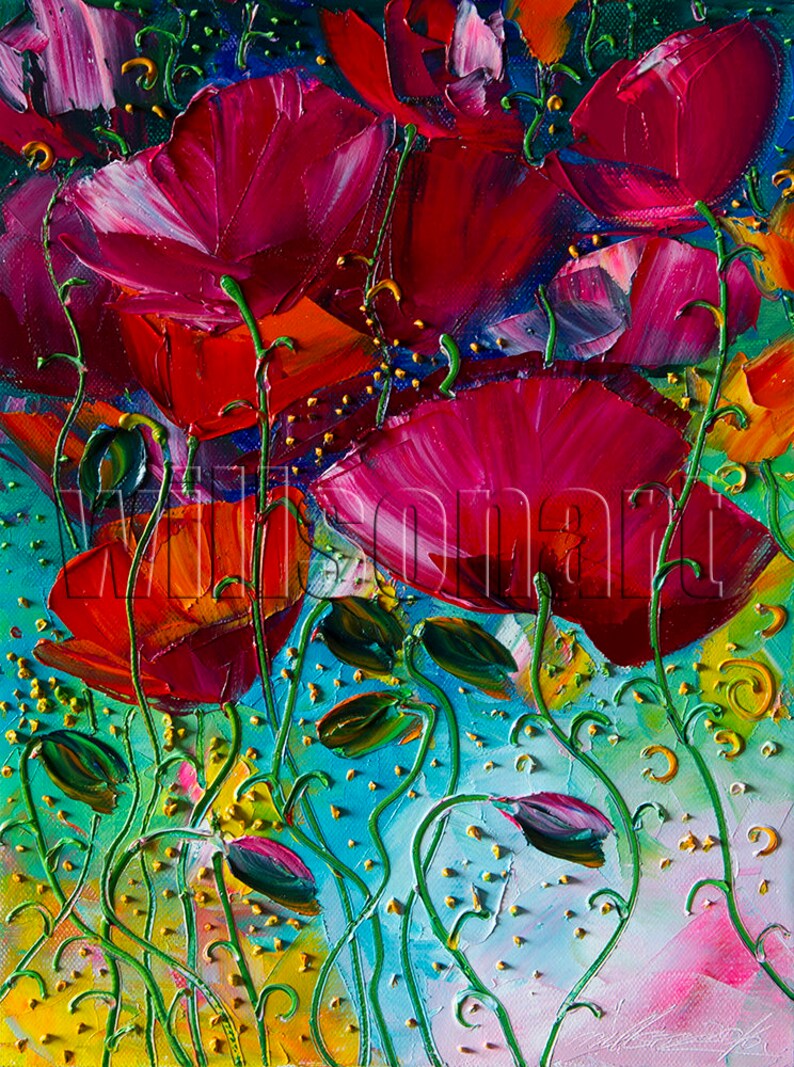 Floral Canvas Modern Flower Oil Painting Poppies Textured Etsy