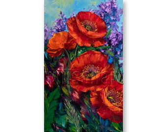 Original Red Poppies Textured Palette Knife Oil Painting Contemporary Floral Modern Art 12X20 by Willson