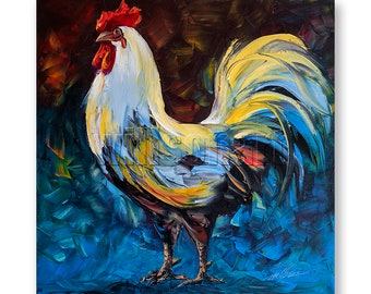 Original Rooster Animal Oil Painting Textured Palette Knife Contemporary Modern Bird Art 20X20 by Willson Lau