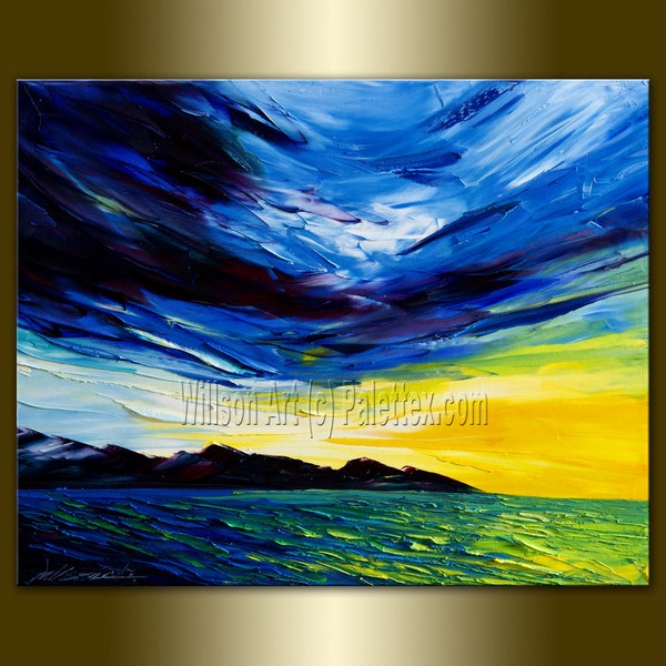 Original Sunrise over the Sea Textured Palette Knife Seascape Painting Oil on Canvas Abstract Modern Art 16X20