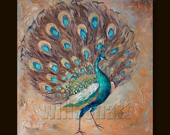 Peacock Modern Animal Art Painting Textured Palette Knife Original Oil on Canvas 30X30 by Willson Lau