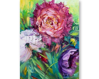 Original Peony Floral Textured Palette Knife Painting Oil on Canvas Contemporary Modern Art Peonies 12X16 by Willson Lau